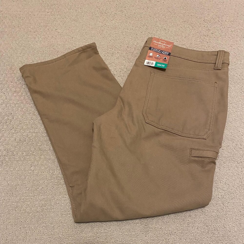 NWT Weatherproof Vintage Men's Relaxed Fit Fleece Lined Canvas Pant, Tan 36, 38